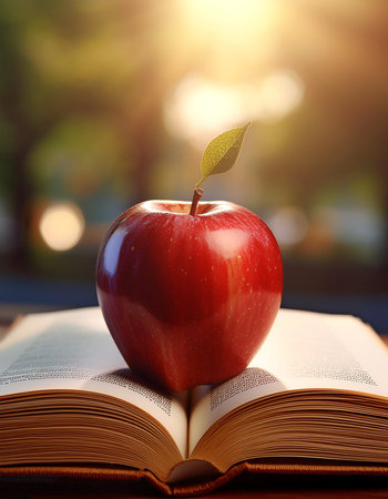 A shiny red apple with a small bite, placed on an open book with a blurred backgroundの写真素材