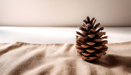 pinecone is placed on a light brown linen with a clean white backgroundの写真素材