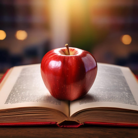 A shiny red apple with a small bite, placed on an open book with a blurred backgroundの写真素材
