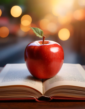 A shiny red apple with a small bite, placed on an open book with a blurred backgroundの写真素材