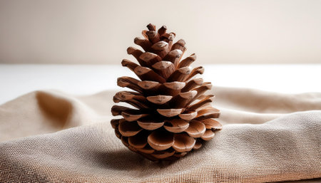 pinecone is placed on a light brown linen with a clean white backgroundの写真素材