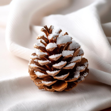 A pinecone covered in a little fake snow, placed on a cream or white linen cloth