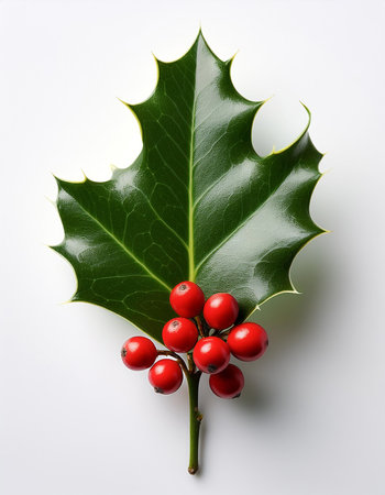 A single holly leaf with a few bright red berries is placed on a clean white background