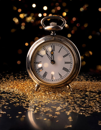 antique clock with the hands pointing to 12, placed on a black background