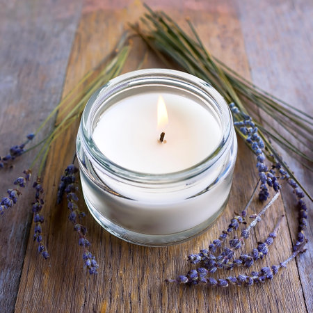 A white candle in a glass container is placed on a wooden surface with a few lavender leavesの写真素材