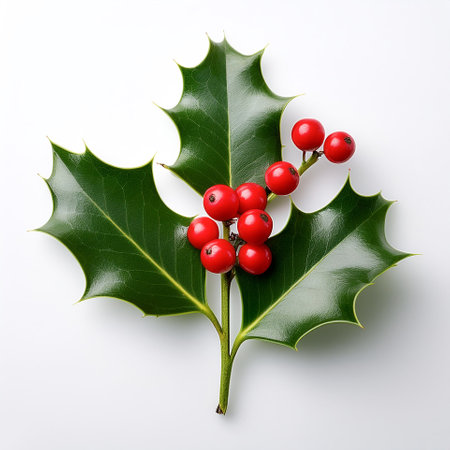 A single holly leaf with a few bright red berries is placed on a clean white backgroundの写真素材