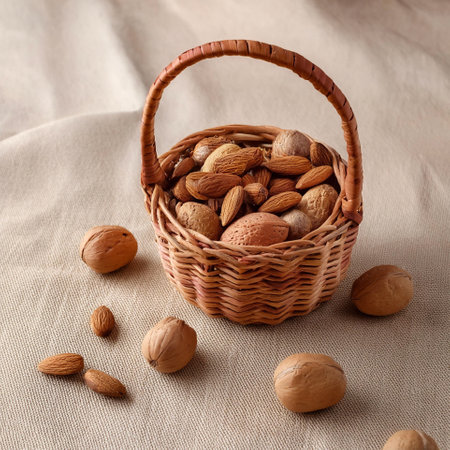 basket of walnuts and almonds is placed on a cream linen backgroundの写真素材