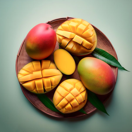 Whole and sliced ââmangoes, isolated on a pastelの写真素材