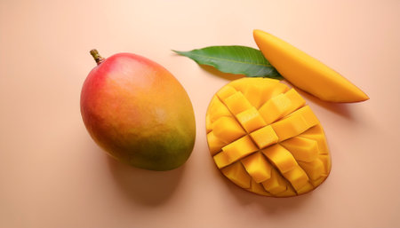 Whole and sliced ââmangoes, isolated on a pastelの写真素材