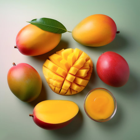 Whole and sliced ââmangoes, isolated on a pastelの写真素材