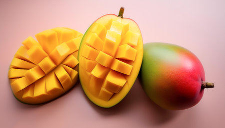 Whole and sliced ââmangoes, isolated on a pastelの写真素材