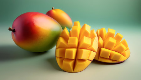 Whole and sliced ââmangoes, isolated on a pastelの写真素材