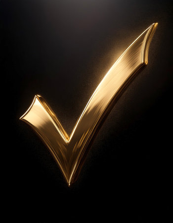 A shiny gold tick mark, often symbolizing confirmation or correct choice floating or flying, isolated on a dark blackの写真素材