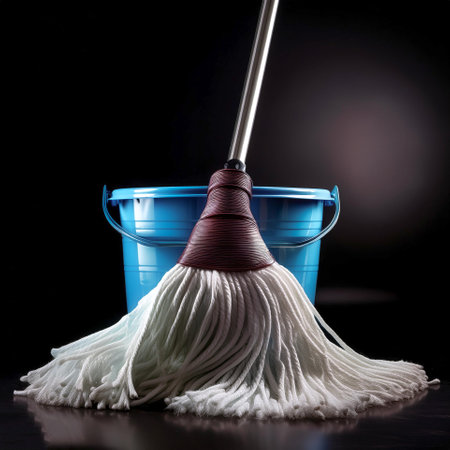 a mop bucket, isolated on a dark blackの写真素材