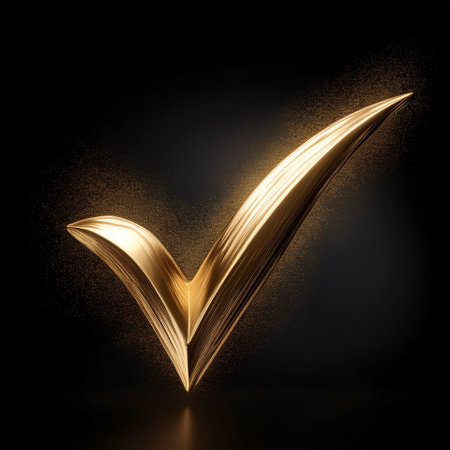 A shiny gold tick mark, often symbolizing confirmation or correct choice floating or flying, isolated on a dark blackの写真素材