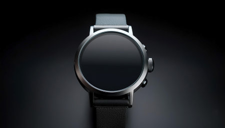 a smartwatch with black screen, isolated on a dark blackの写真素材