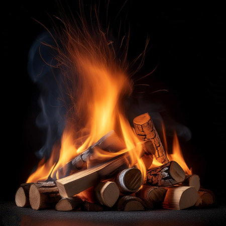 Campfire. Closeup of a pile of firewood burning with orange and yellow flames, isolated on a dark...