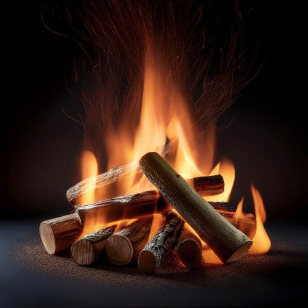 Campfire. Closeup of a pile of firewood burning with orange and yellow flames, isolated on a dark...