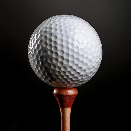 Close-up golf ball on tee, isolated on a dark blackの写真素材
