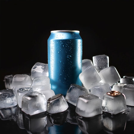 cold drink cans with a pile of ice cubes, isolated on a dark black