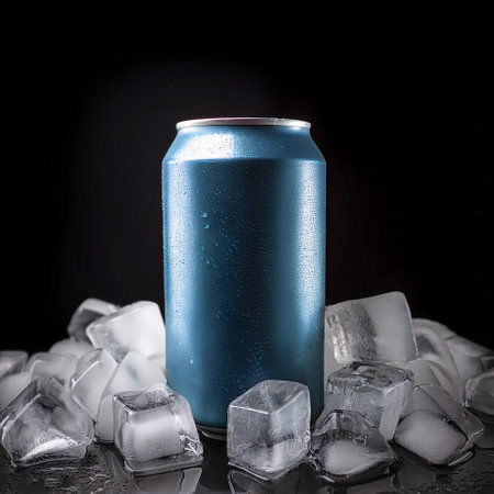 cold drink cans with a pile of ice cubes, isolated on a dark blackの写真素材