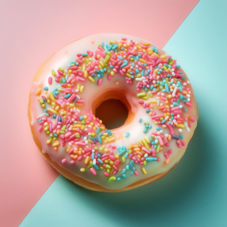 Donuts with colorful toppings, isolated on a Pastelの写真素材