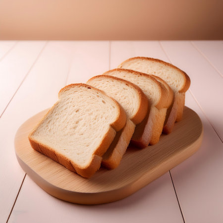 Delicious bread slices on white wooden table, isolated on a Pastelの写真素材