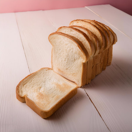 Delicious bread slices on white wooden table, isolated on a Pastel