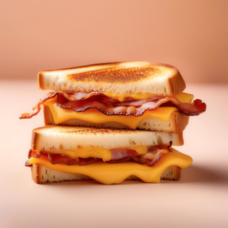Delicious toasted sandwiches with cheddar cheese and bacon, isolated on a Light Pastelの写真素材