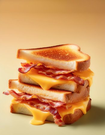 Delicious toasted sandwiches with cheddar cheese and bacon, isolated on a Light Pastelの写真素材
