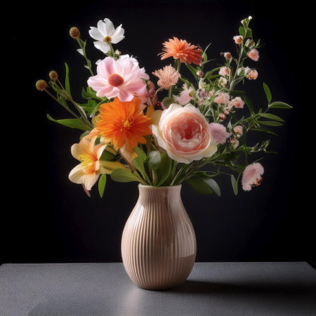 flowers in a simple vase on a table, isolated on a dark blackの写真素材