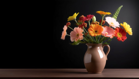 flowers in a simple vase on a table, isolated on a dark blackの写真素材