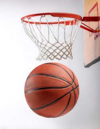 Basketball and Basketball Hoop floating or flying, isolated on a Clean Whiteの写真素材