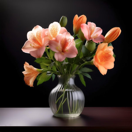 flowers in a simple vase on a table, isolated on a dark blackの写真素材
