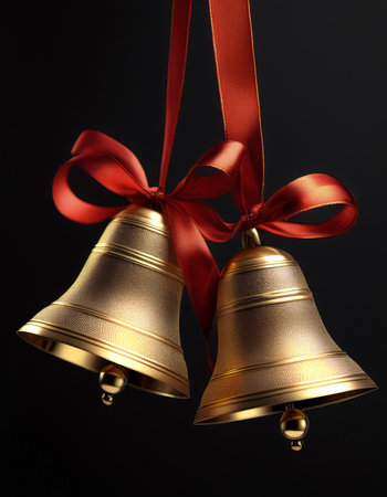 golden bells with red ribbons hanging from them. Christmas celebrations, isolated on a dark blackの写真素材
