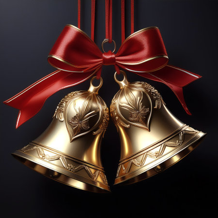 golden bells with red ribbons hanging from them. Christmas celebrations, isolated on a dark blackの写真素材
