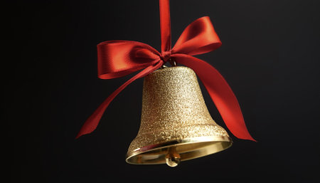 golden bells with red ribbons hanging from them. Christmas celebrations, isolated on a dark blackの写真素材