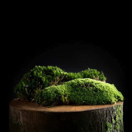 Green moss on tree rotten stump, isolated on a dark blackの写真素材
