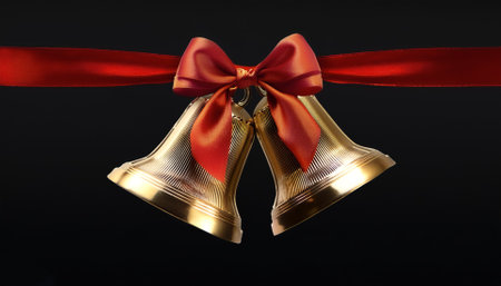 golden bells with red ribbons hanging from them. Christmas celebrations, isolated on a dark blackの写真素材