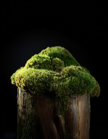 Green moss on tree rotten stump, isolated on a dark blackの写真素材