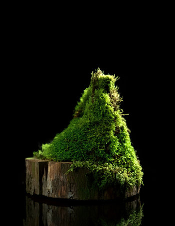 Green moss on tree rotten stump, isolated on a dark black