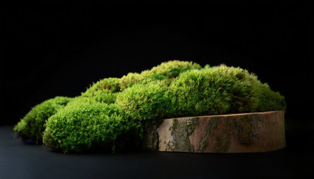 Green moss on tree rotten stump, isolated on a dark blackの写真素材