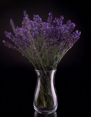 Lavender flowers in a glass vase, isolated on a dark blackの写真素材