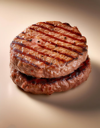 perfectly grilled hamburger patties with grill marks, isolated on a Pastel