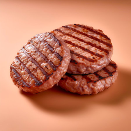 perfectly grilled hamburger patties with grill marks, isolated on a Pastelの写真素材