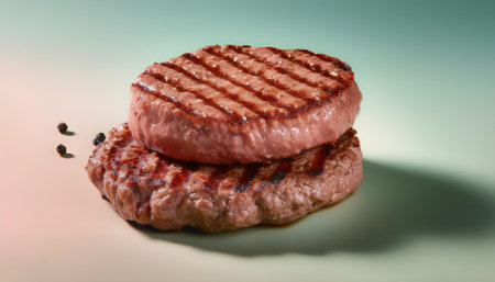 perfectly grilled hamburger patties with grill marks, isolated on a Pastelの写真素材