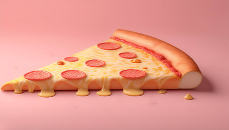 Slice of pizza with melted cheese with the addition of simple ornaments that match the object, isolated on a Pastel Pinkの写真素材