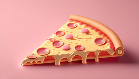 Slice of pizza with melted cheese with the addition of simple ornaments that match the object, isolated on a Pastel Pinkの写真素材