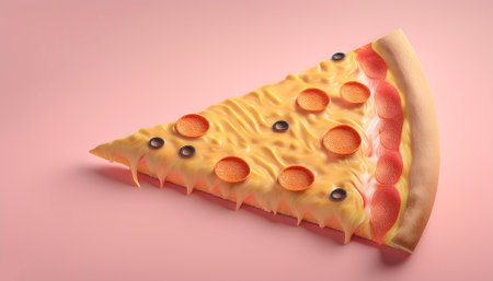 Slice of pizza with melted cheese with the addition of simple ornaments that match the object, isolated on a Pastel Pinkの写真素材