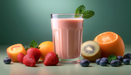Smoothie Glass. A glass filled with fresh smoothie with fruits on the side, isolated on a Pastelの写真素材